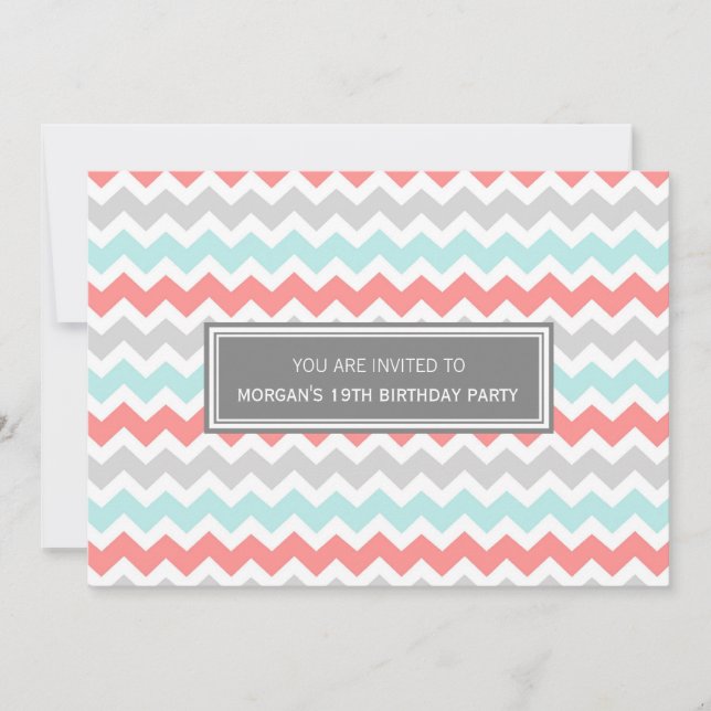Aqua Grey Chevron 19th Birthday Party Invitation (Front)