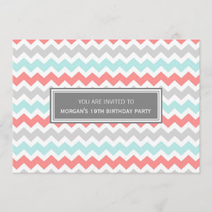 Aqua Grey Chevron 19th Birthday Party Invitation