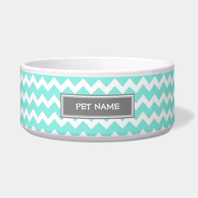 Aqua Grey Chevron Custom Name Dog Bowl (Front)