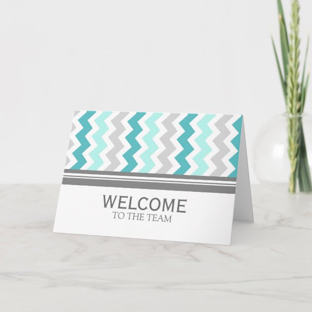 Aqua Grey Chevron Employee Welcome to the Team Card (Front)