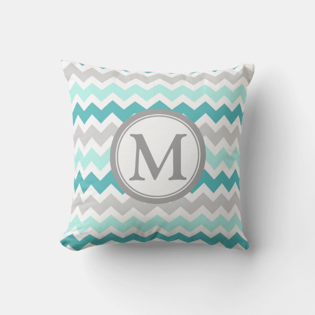 Aqua Grey Chevron Monogram Decorative Pillow (Front)