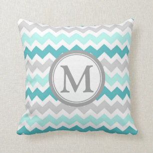 Aqua Grey Chevron Monogram Decorative Pillow