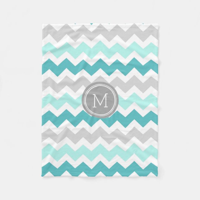 Aqua Grey Chevron Pattern Monogram Blanket (Front)