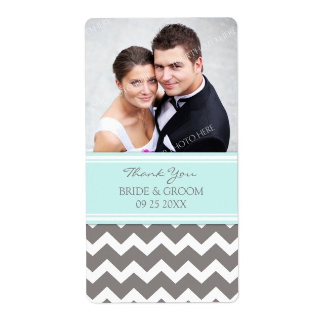 Aqua Grey Chevron Photo Wedding Labels (Front)