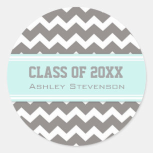 Aqua Grey Chevrons Graduation Custom Name Classic Round Sticker
