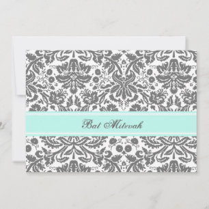 Aqua Grey Damask Bat Mitzvah Invitations