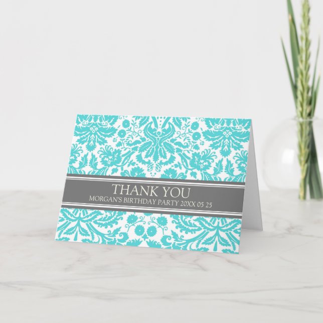 Aqua Grey Damask Birthday Party Thank You Card (Front)