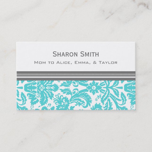 Aqua Grey Damask Mum Calling Cards (Front)
