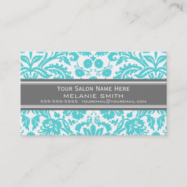 Aqua Grey Damask Salon Appointment Cards (Front)