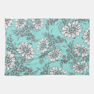 Aqua Grey Floral Kitchen Cloth Towel
