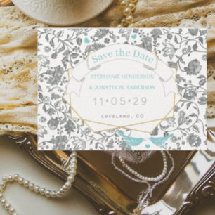 Aqua Grey Floral Pattern Blue Love Bird Wedding Invitation