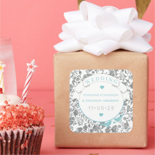 Aqua Grey Floral Pattern Blue Love Bird Wedding Square Sticker