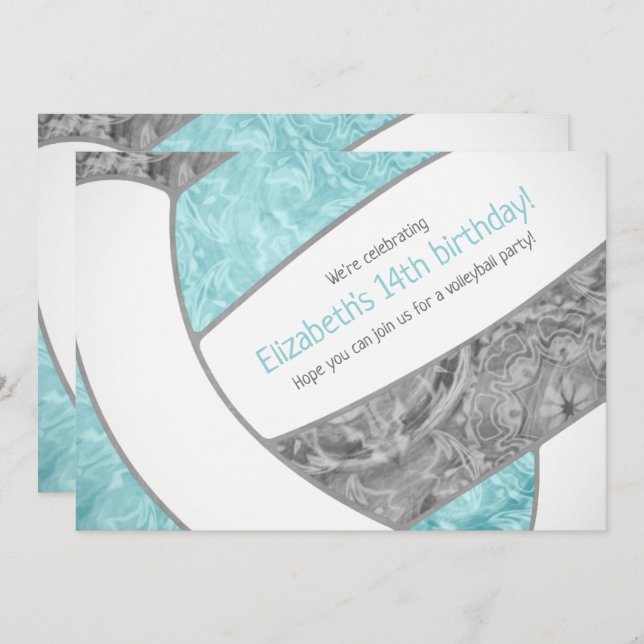 aqua grey girly volleyball birthday party invitation (Front/Back)