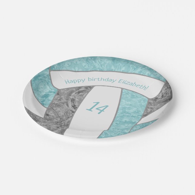 aqua grey girly volleyball birthday party paper plate (Angled)