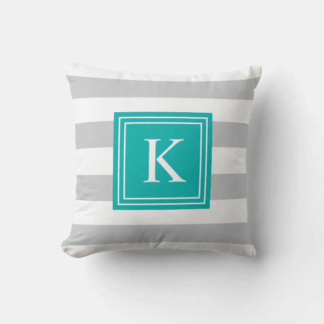 Aqua & Grey Monogram Striped | Throw Pillow (Front)
