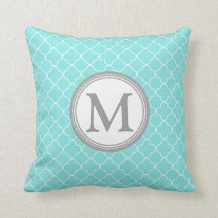 Aqua Grey Quatrefoil Monogram Decorative Pillow