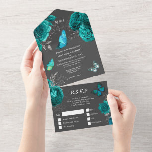  Aqua grey rose elegant butterfly glam budget All In One Invitation