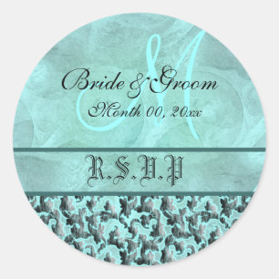 Aqua grey rsvp wedding floral damask classic round sticker