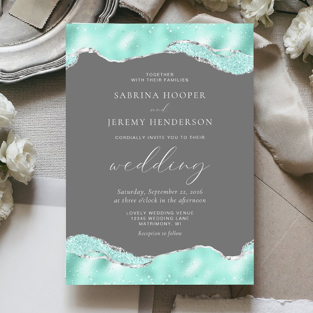 Aqua Grey Silver Foil Glitter Wedding Invitation (Creator Uploaded)