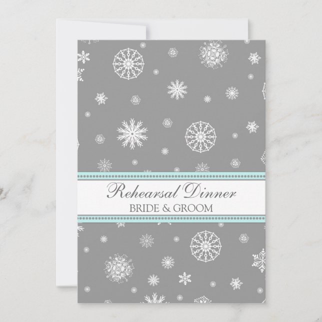 Aqua Grey Snow Winter Rehearsal Dinner Party Invitation (Front)