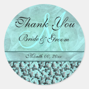 Aqua grey "thank you" wedding damask classic round sticker