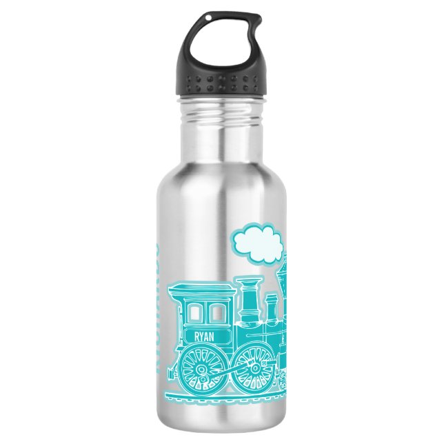 Aqua grey train kids boys full name drinks bottle (Front)