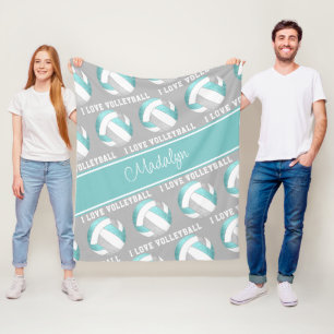 aqua grey white girls love volleyball room decor fleece blanket