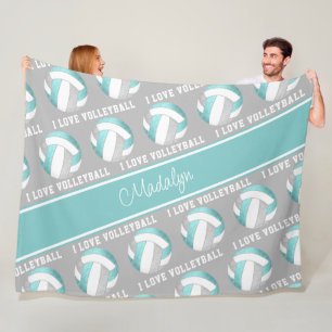 aqua grey white girls love volleyball sports room fleece blanket