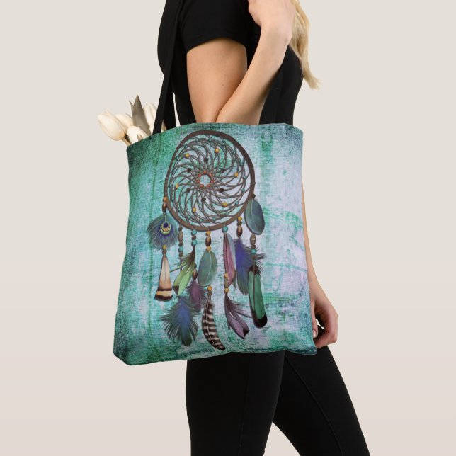 Aqua Grunge | Boho Style Dreamcatcher Tote Bag (Close Up)