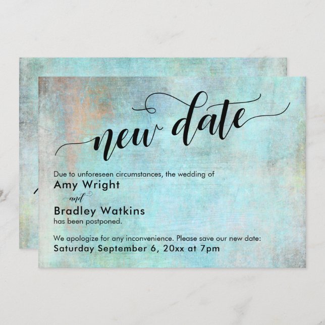 Aqua Grunge New Date Postponed Wedding Update Card (Front/Back)