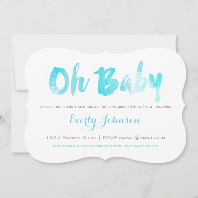 Aqua Hand Lettered Watercolor Baby Boy Shower Invitation (Front)