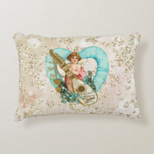 Aqua Heart Golden Cherub & Harp Bokeh Bling Decorative Cushion