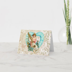 Aqua Heart Golden Cherub & Harp Bokeh Bling Holiday Card