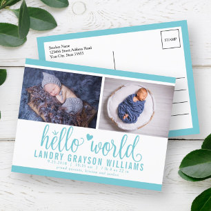 Aqua Hello World Photo Birth Stat Announcement Postcard