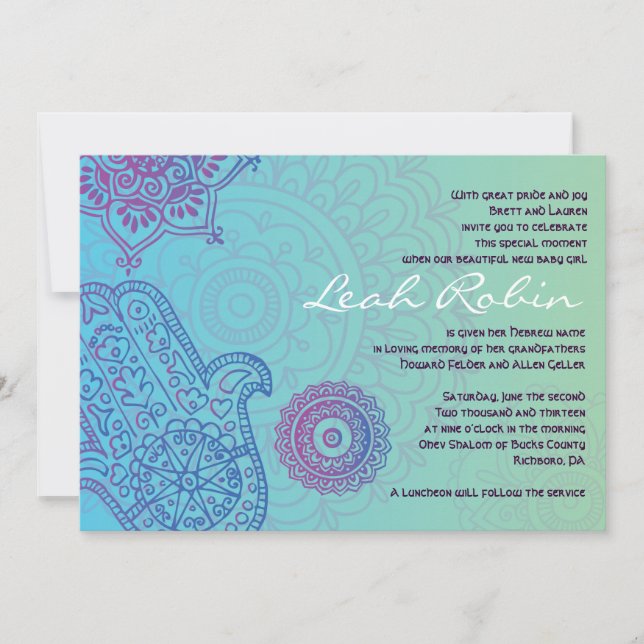 Aqua HEMSA HAND of GOD Baby Naming Invitation (Front)