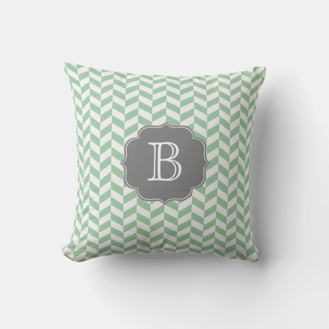 Aqua Herringbone Chevron Pattern with Monogram Cushion (Front)