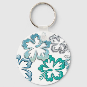 Aqua Hibiscus Blooms Key Ring