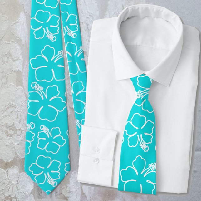 Aqua Hibiscus Outline Pattern Wedding Tie (Creator Uploaded)