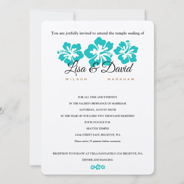 Aqua Hibiscus Temple Wedding & Reception Invite (Front)