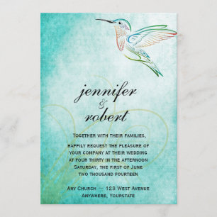 Aqua Hummingbird Watercolor Wedding Invitation