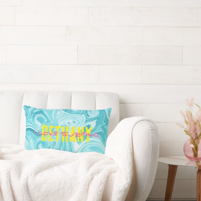 Aqua I LOVE SURFING NAME Water Ocean Beach Fun Lumbar Cushion (Couch)