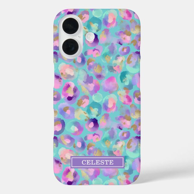 Aqua Iridescent Leopard Print Monogrammed Case-Mate iPhone Case (Back)