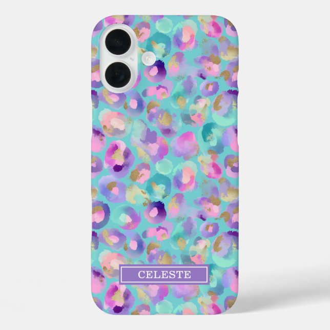 Aqua Iridescent Leopard Print Monogrammed Case-Mate iPhone Case (Back)