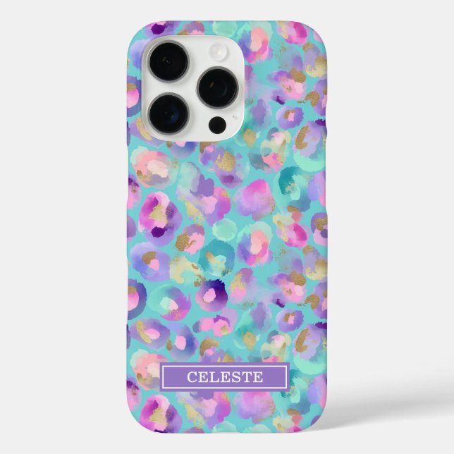 Aqua Iridescent Leopard Print Monogrammed Case-Mate iPhone Case (Back)