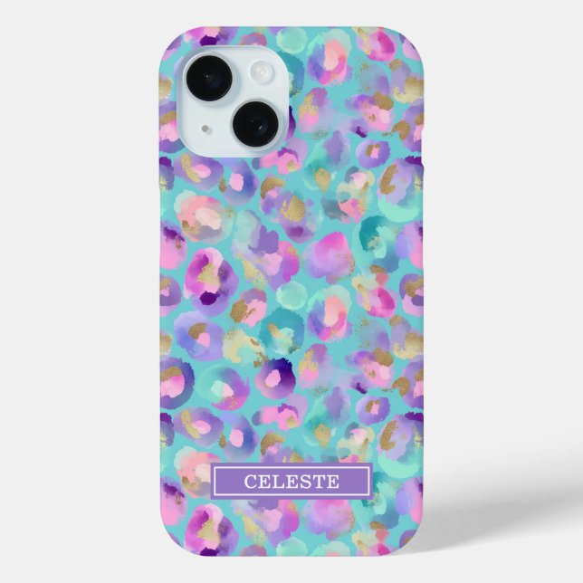 Aqua Iridescent Leopard Print Monogrammed Case-Mate iPhone Case (Back)