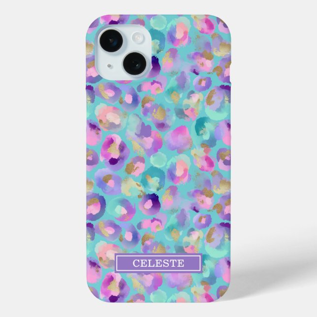 Aqua Iridescent Leopard Print Monogrammed Case-Mate iPhone Case (Back)