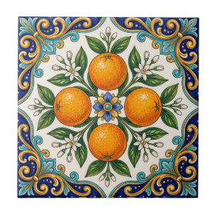 Aqua Italian Majolica Orange Citrus Design Ceramic Tile