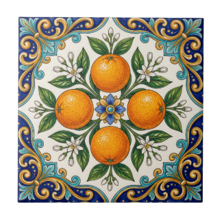 Aqua Italian Majolica Orange Citrus Design Ceramic Tile