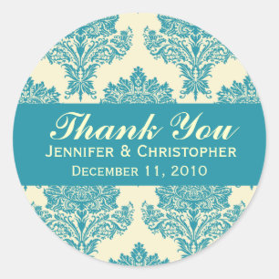 Aqua & Ivory Damask Round Wedding Labels