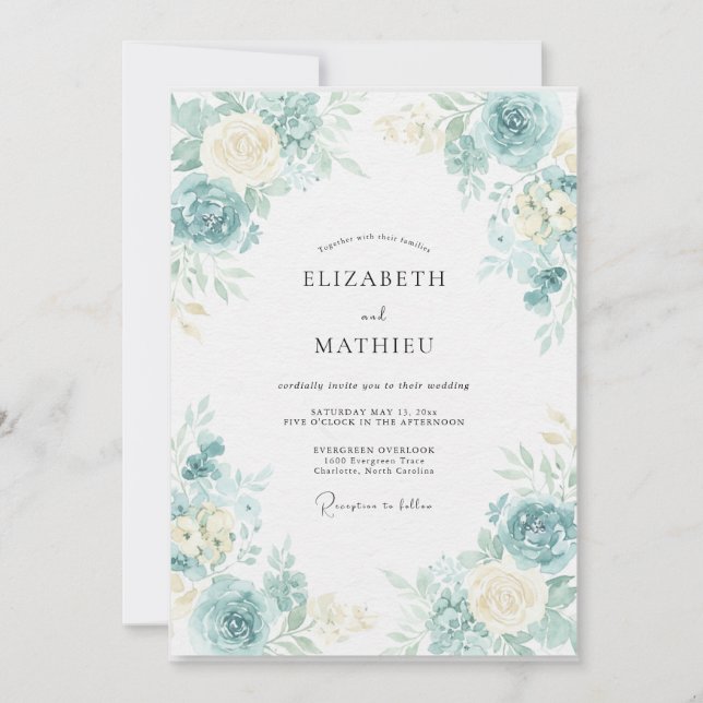 Aqua Ivory Leafy Wedding Invitation (Front)